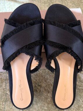 Gianvito Rossi Black Fringed Satin Cross-Strap Slide Sandals
